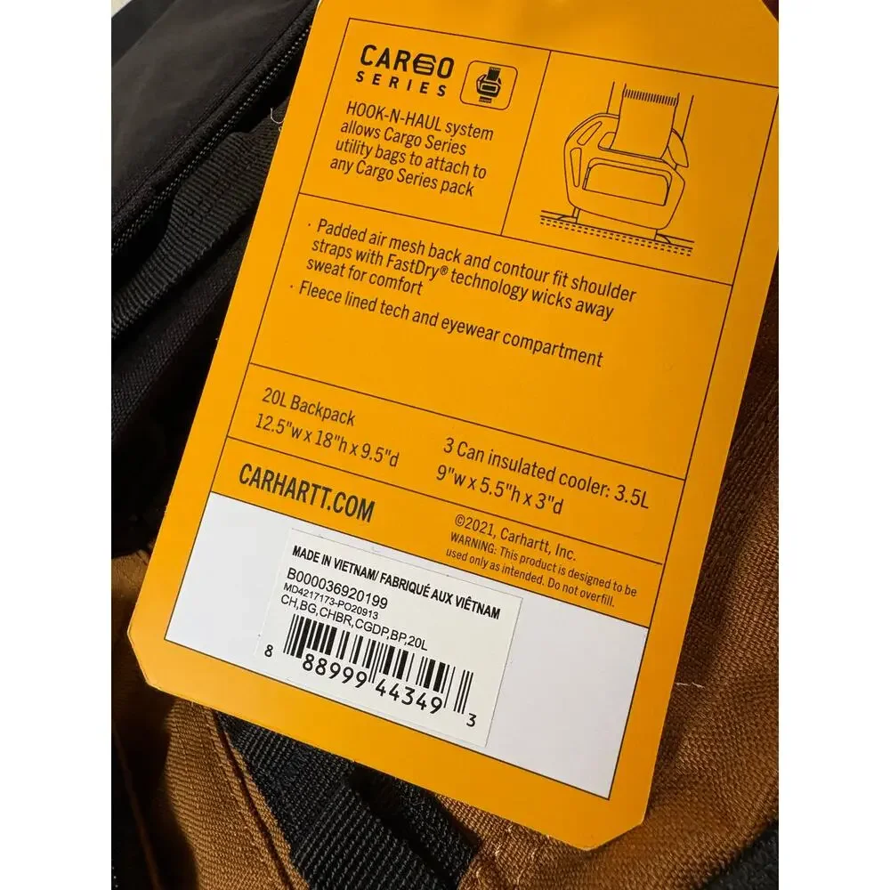 New! Carhartt Cargo Series 20L Daypack 3 Can Cooler Backpack Brown CB0369